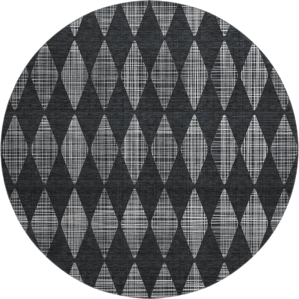 HomeRoots 8' Charcoal and Ivory Diamond Washable Round Rug - Durable, UV-Protected, Ideal for Kids & Pets! 650041