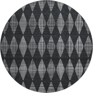 HomeRoots 8' Charcoal and Ivory Diamond Washable Round Rug - Durable, UV-Protected, Ideal for Kids & Pets! 650041