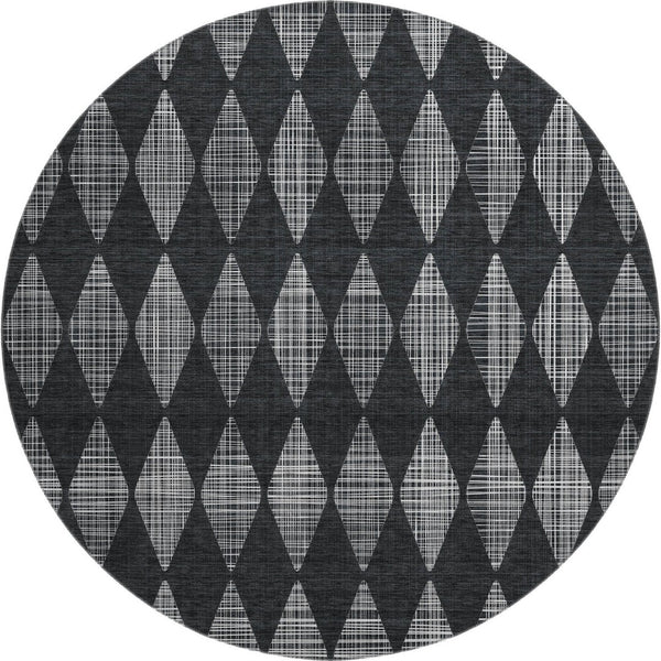 HomeRoots 8' Charcoal and Ivory Diamond Washable Round Rug - Durable, UV-Protected, Ideal for Kids & Pets! 650041