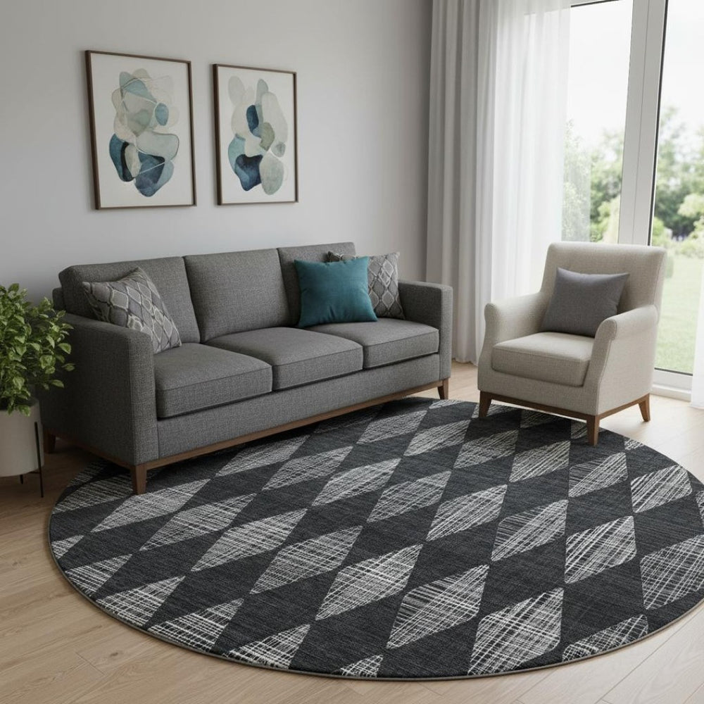 HomeRoots 8' Charcoal and Ivory Diamond Washable Round Rug - Durable, UV-Protected, Ideal for Kids & Pets! 650041