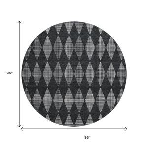 HomeRoots 8' Charcoal and Ivory Diamond Washable Round Rug - Durable, UV-Protected, Ideal for Kids & Pets! 650041