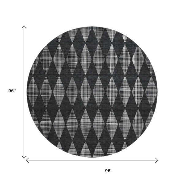 HomeRoots 8' Charcoal and Ivory Diamond Washable Round Rug - Durable, UV-Protected, Ideal for Kids & Pets! 650041