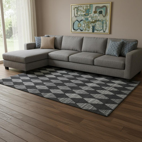HomeRoots 9' X 12' Charcoal Ivory Diamond Area Rug - Washable, UV Protected, Pet & Kid Friendly for High-Traffic Areas 650043