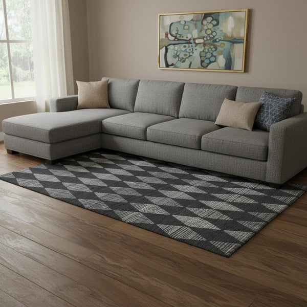 HomeRoots 10' Charcoal & Ivory Diamond Area Rug - Washable, UV-Protected, Durable for High-Traffic Spaces! 650044