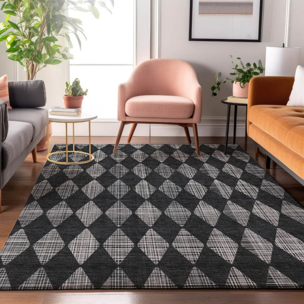 HomeRoots 10' Charcoal & Ivory Diamond Area Rug - Washable, UV-Protected, Durable for High-Traffic Spaces! 650044