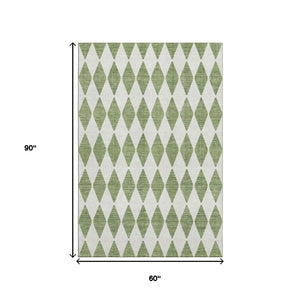 HomeRoots 5' X 8' Green And Ivory Diamond Washable Area Rug - Stylish, Durable, UV Protected & Easy Care! 650046