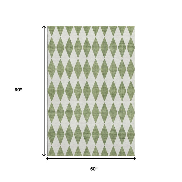 HomeRoots 5' X 8' Green And Ivory Diamond Washable Area Rug - Stylish, Durable, UV Protected & Easy Care! 650046