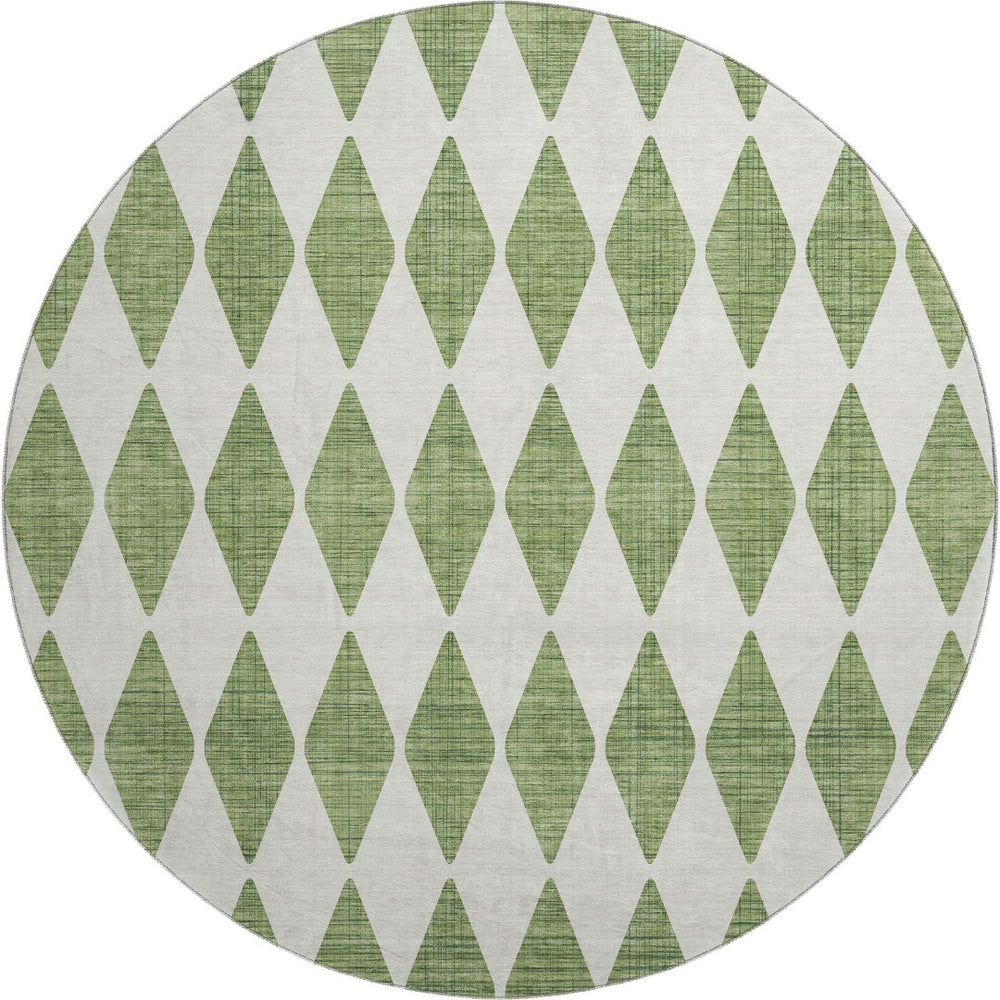 HomeRoots 8' Green And Ivory Diamond Round Rug - Washable, UV Protected, Durable for Home & Outdoor Spaces 650047