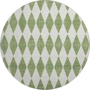 HomeRoots 8' Green And Ivory Diamond Round Rug - Washable, UV Protected, Durable for Home & Outdoor Spaces 650047