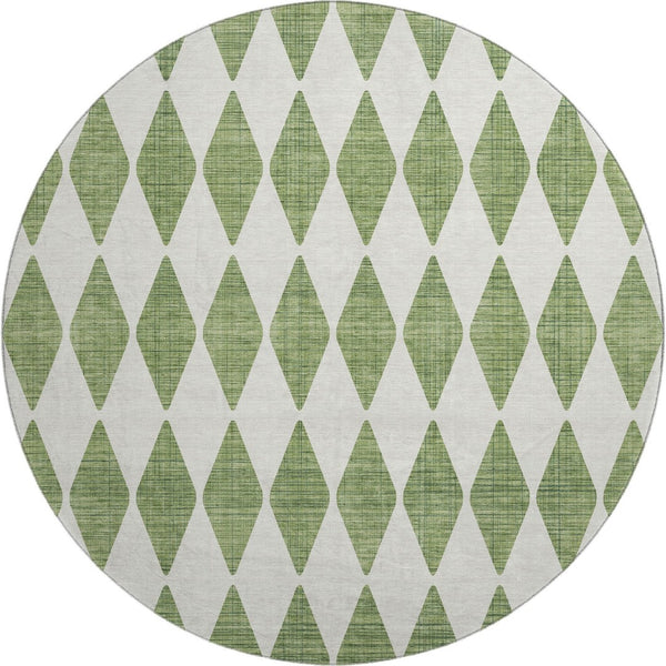 HomeRoots 8' Green And Ivory Diamond Round Rug - Washable, UV Protected, Durable for Home & Outdoor Spaces 650047