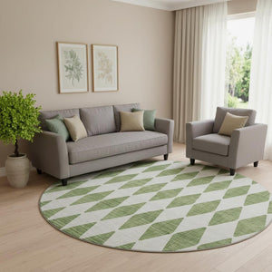 HomeRoots 8' Green And Ivory Diamond Round Rug - Washable, UV Protected, Durable for Home & Outdoor Spaces 650047
