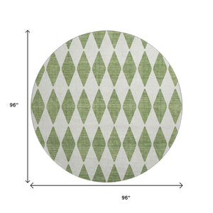 HomeRoots 8' Green And Ivory Diamond Round Rug - Washable, UV Protected, Durable for Home & Outdoor Spaces 650047