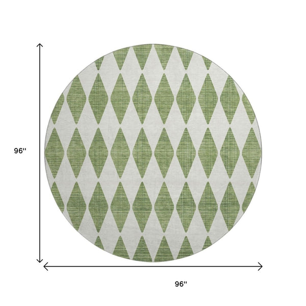 HomeRoots 8' Green And Ivory Diamond Round Rug - Washable, UV Protected, Durable for Home & Outdoor Spaces 650047