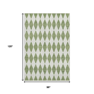 HomeRoots 8' X 10' Green and Ivory Diamond Area Rug - Washable, UV-Protected, Durable for Indoor & Outdoor Use 650048