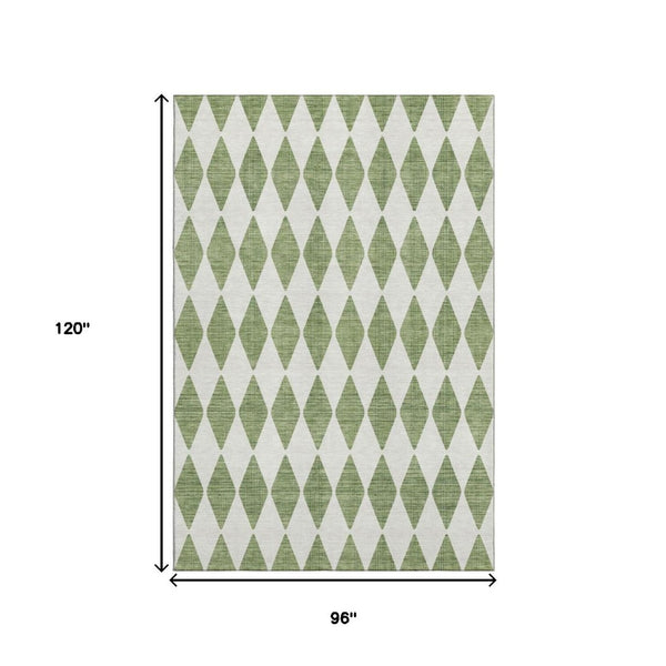 HomeRoots 8' X 10' Green and Ivory Diamond Area Rug - Washable, UV-Protected, Durable for Indoor & Outdoor Use 650048
