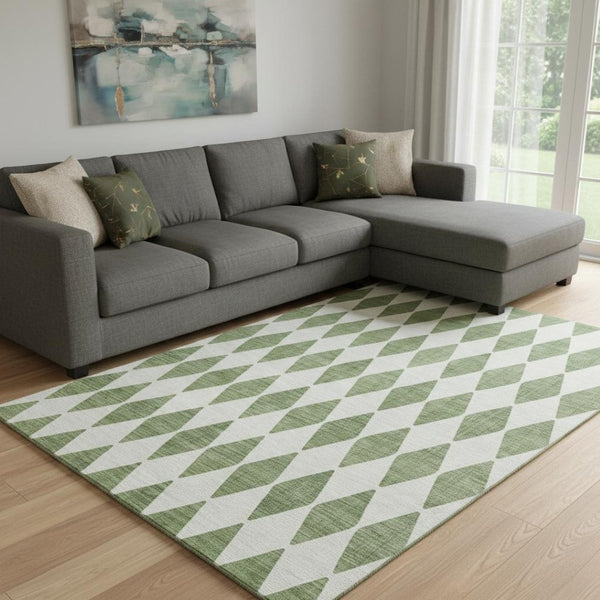 HomeRoots 8' X 10' Green and Ivory Diamond Area Rug - Washable, UV-Protected, Durable for Indoor & Outdoor Use 650048
