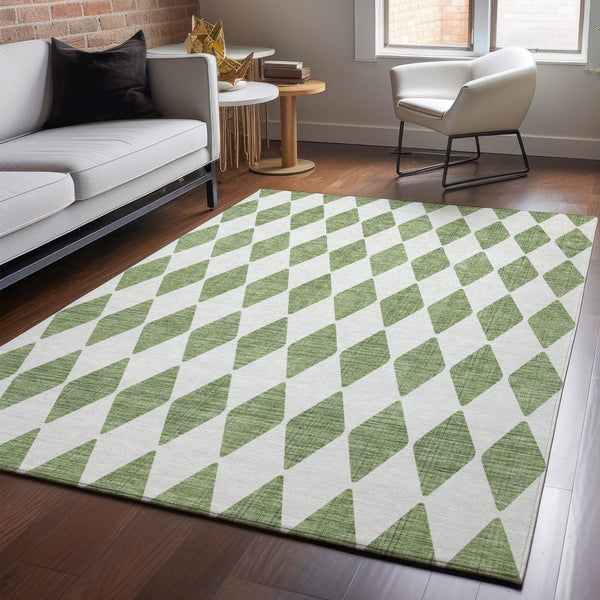 HomeRoots 8' X 10' Green and Ivory Diamond Area Rug - Washable, UV-Protected, Durable for Indoor & Outdoor Use 650048