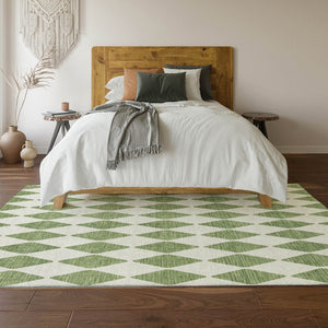 HomeRoots 8' X 10' Green and Ivory Diamond Area Rug - Washable, UV-Protected, Durable for Indoor & Outdoor Use 650048