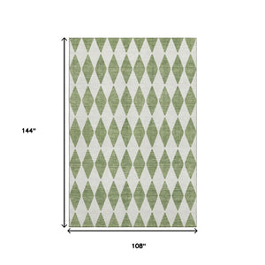 HomeRoots 9' X 12' Green & Ivory Diamond Area Rug - Washable, UV-Protected, Durable, Perfect for Families! 650049