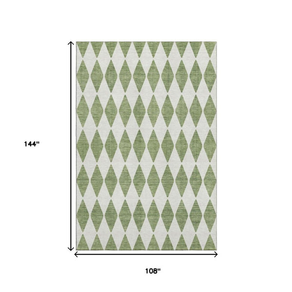 HomeRoots 9' X 12' Green & Ivory Diamond Area Rug - Washable, UV-Protected, Durable, Perfect for Families! 650049