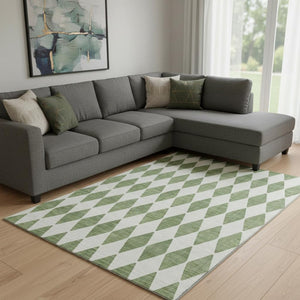 HomeRoots 9' X 12' Green & Ivory Diamond Area Rug - Washable, UV-Protected, Durable, Perfect for Families! 650049