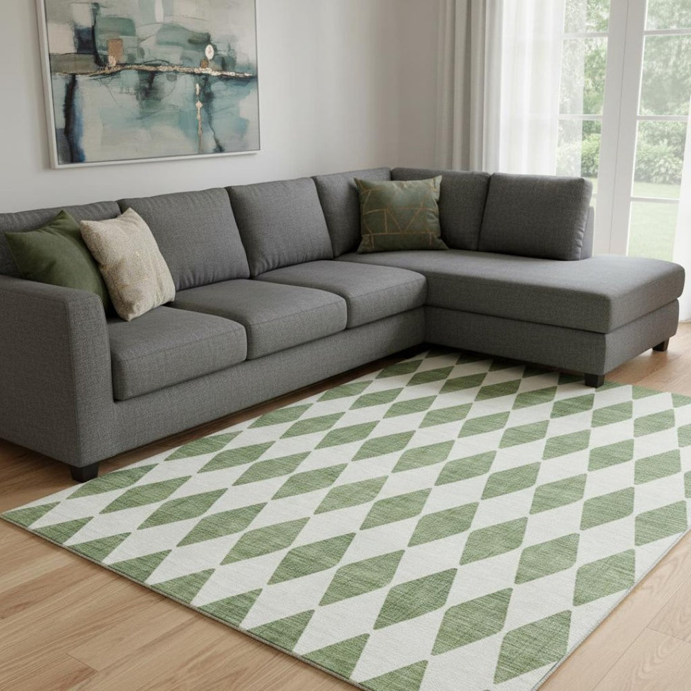 HomeRoots 10' X 14' Green Ivory Diamond Area Rug - Washable, UV Protected, Stain Resistant for Busy Homes 650050