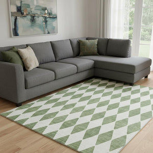 HomeRoots 10' X 14' Green Ivory Diamond Area Rug - Washable, UV Protected, Stain Resistant for Busy Homes 650050