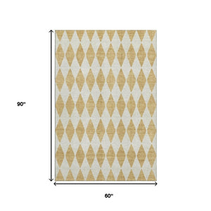 HomeRoots 5' X 8' Gold and Ivory Diamond Area Rug - Stylish, Washable, UV-Protected, Perfect for Family Spaces! 650052