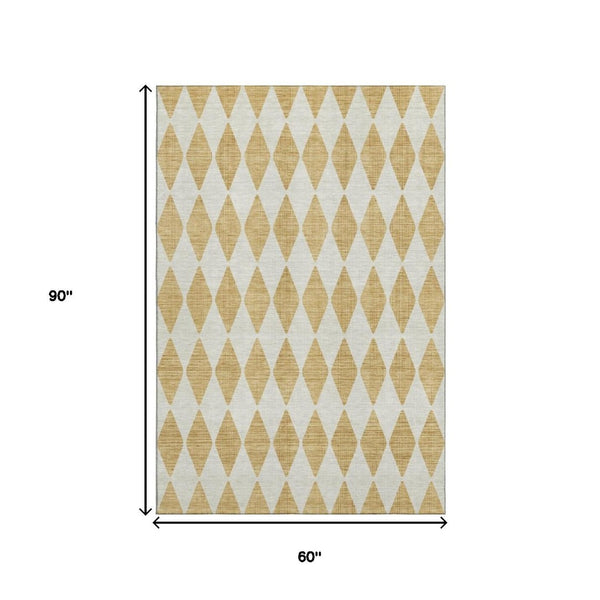 HomeRoots 5' X 8' Gold and Ivory Diamond Area Rug - Stylish, Washable, UV-Protected, Perfect for Family Spaces! 650052