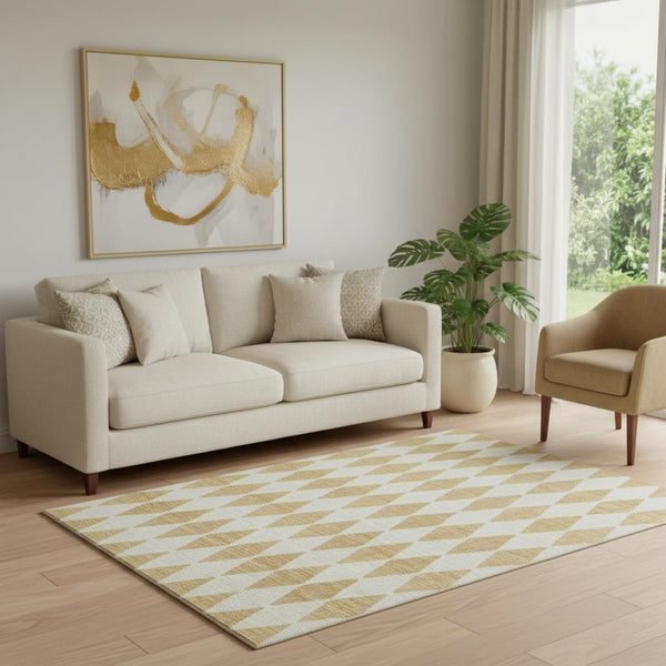 HomeRoots 5' X 8' Gold and Ivory Diamond Area Rug - Stylish, Washable, UV-Protected, Perfect for Family Spaces! 650052