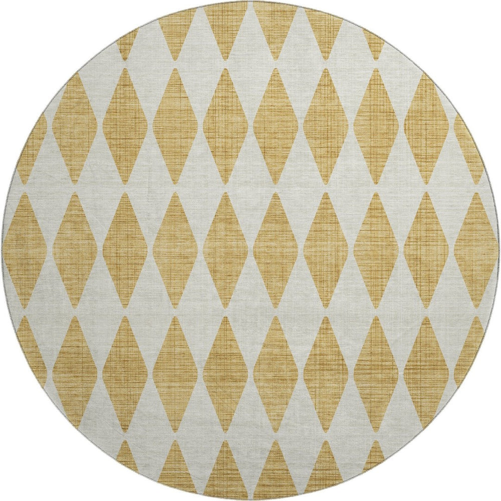 HomeRoots 8' Gold And Ivory Diamond Round Rug - Washable, UV-Protected, Durable for High-Traffic Areas 650053