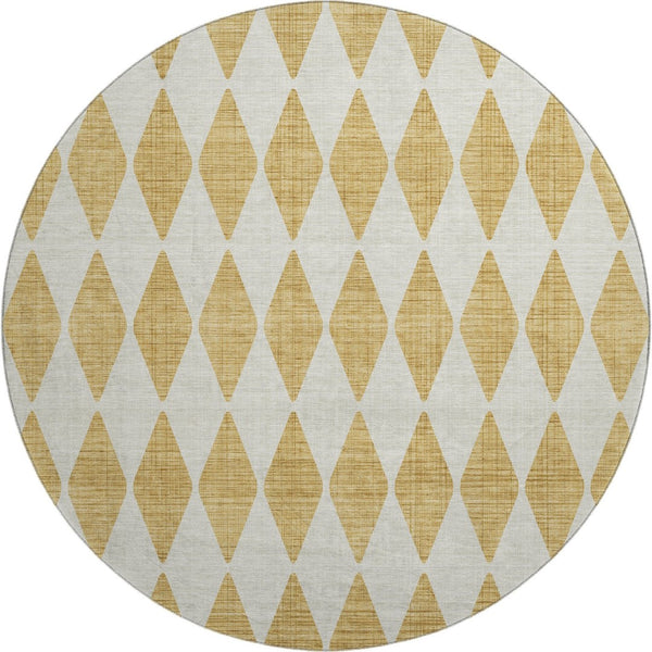 HomeRoots 8' Gold And Ivory Diamond Round Rug - Washable, UV-Protected, Durable for High-Traffic Areas 650053