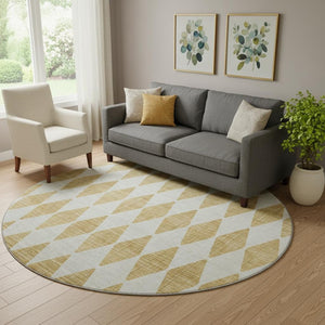 HomeRoots 8' Gold And Ivory Diamond Round Rug - Washable, UV-Protected, Durable for High-Traffic Areas 650053