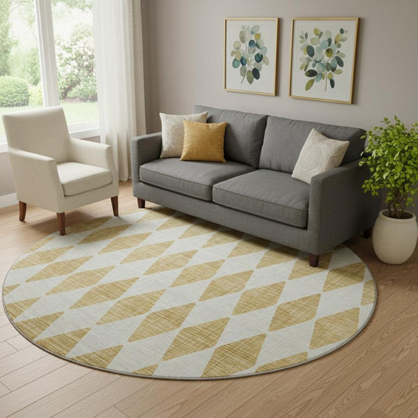 HomeRoots 8' Gold And Ivory Diamond Round Rug - Washable, UV-Protected, Durable for High-Traffic Areas 650053