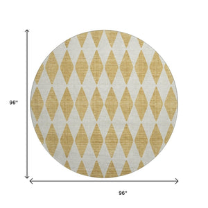 HomeRoots 8' Gold And Ivory Diamond Round Rug - Washable, UV-Protected, Durable for High-Traffic Areas 650053
