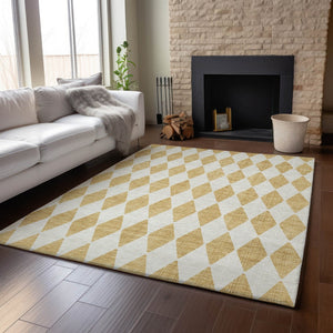 HomeRoots 8' X 10' Gold and Ivory Diamond Area Rug - Washable, UV-Protected, Stylish, and Non-Slip Design 650054