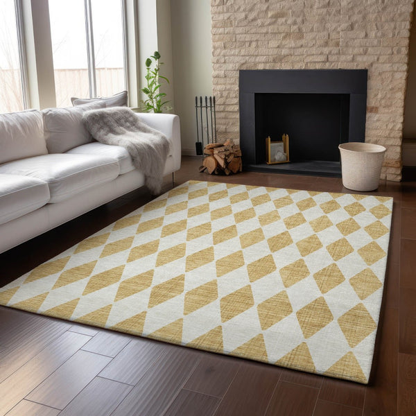 HomeRoots 8' X 10' Gold and Ivory Diamond Area Rug - Washable, UV-Protected, Stylish, and Non-Slip Design 650054