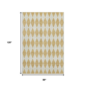 HomeRoots 8' X 10' Gold and Ivory Diamond Area Rug - Washable, UV-Protected, Stylish, and Non-Slip Design 650054