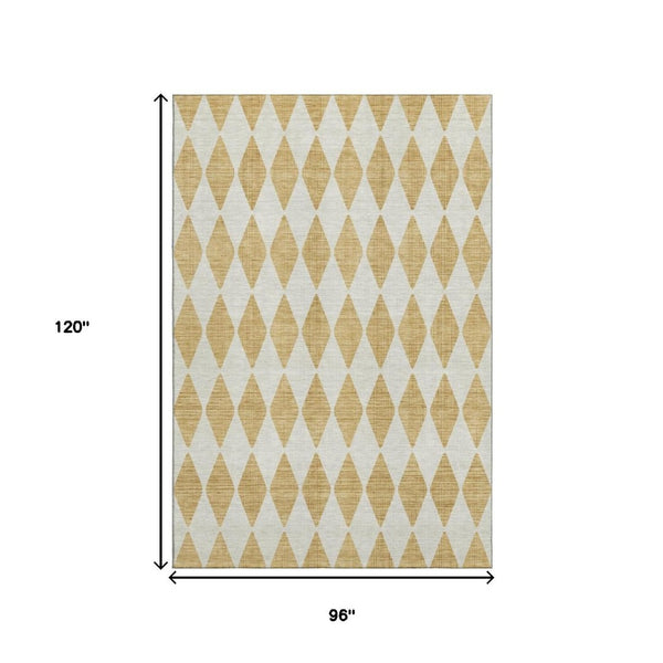 HomeRoots 8' X 10' Gold and Ivory Diamond Area Rug - Washable, UV-Protected, Stylish, and Non-Slip Design 650054