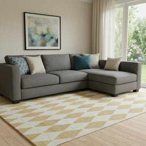 HomeRoots 9' X 12' Gold and Ivory Diamond Area Rug - Washable, UV Protected, Stain Resistant for Active Homes 650055