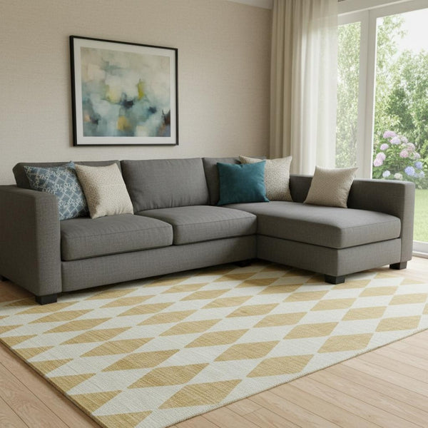 HomeRoots 9' X 12' Gold and Ivory Diamond Area Rug - Washable, UV Protected, Stain Resistant for Active Homes 650055
