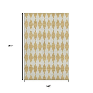 HomeRoots 9' X 12' Gold and Ivory Diamond Area Rug - Washable, UV Protected, Stain Resistant for Active Homes 650055
