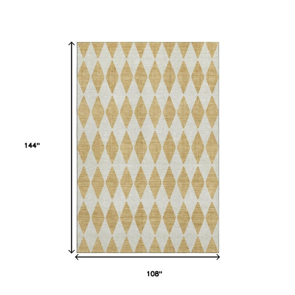 HomeRoots 9' X 12' Gold and Ivory Diamond Area Rug - Washable, UV Protected, Stain Resistant for Active Homes 650055