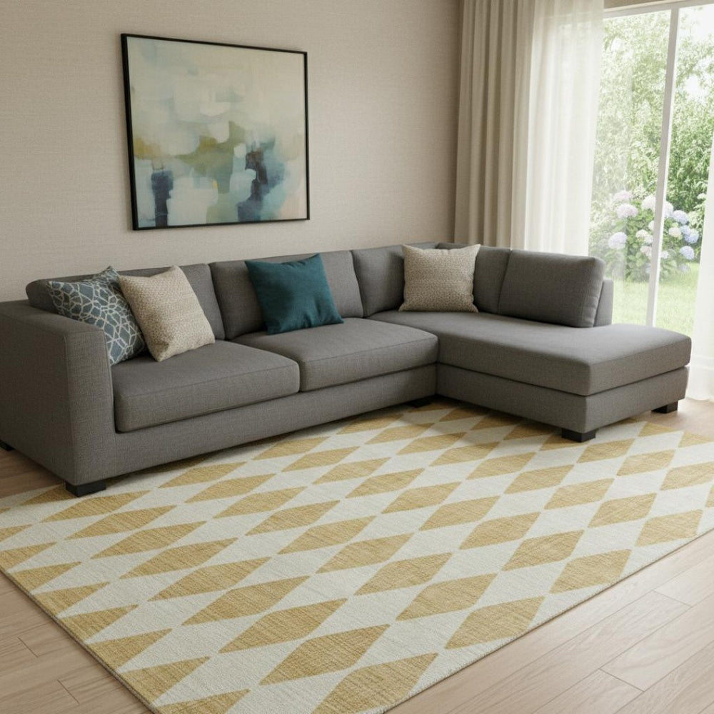HomeRoots 10' X 14' Gold And Ivory Diamond Area Rug - Washable, Stain-Resistant, UV Protected for Busy Homes 650056