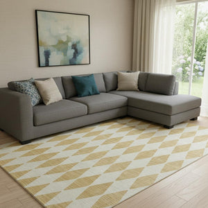 HomeRoots 10' X 14' Gold And Ivory Diamond Area Rug - Washable, Stain-Resistant, UV Protected for Busy Homes 650056