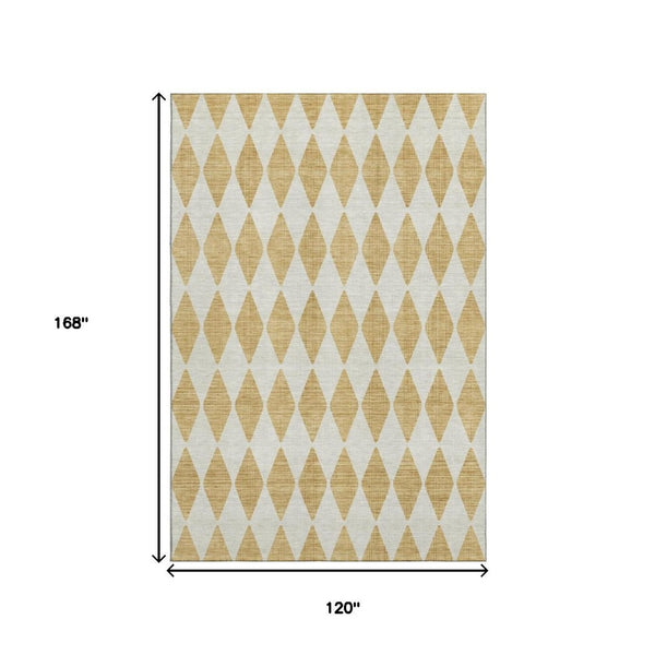 HomeRoots 10' X 14' Gold And Ivory Diamond Area Rug - Washable, Stain-Resistant, UV Protected for Busy Homes 650056