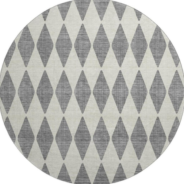 HomeRoots 8' Gray and Ivory Diamond Washable Round Rug - UV Protected, Durable, Stylish, and Easy-Care Design 650059