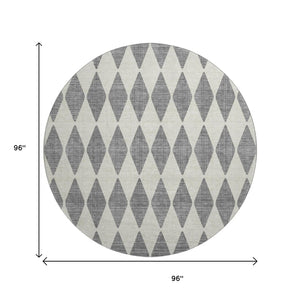 HomeRoots 8' Gray and Ivory Diamond Washable Round Rug - UV Protected, Durable, Stylish, and Easy-Care Design 650059