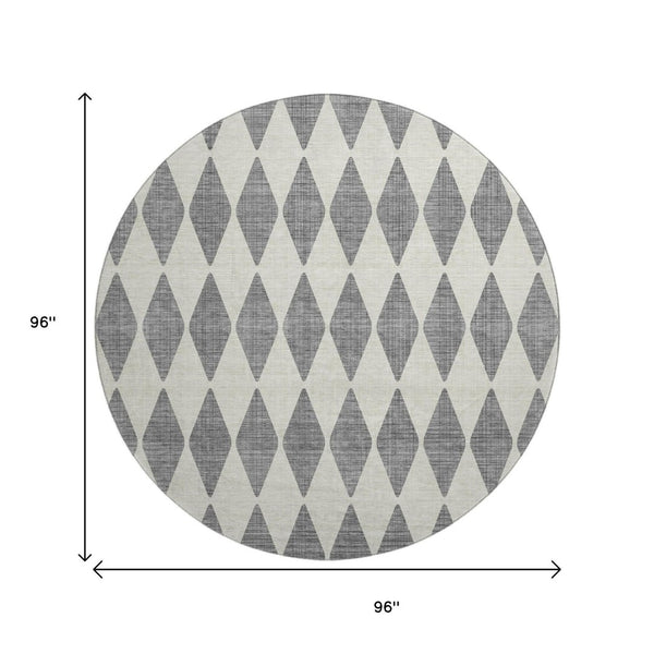 HomeRoots 8' Gray and Ivory Diamond Washable Round Rug - UV Protected, Durable, Stylish, and Easy-Care Design 650059
