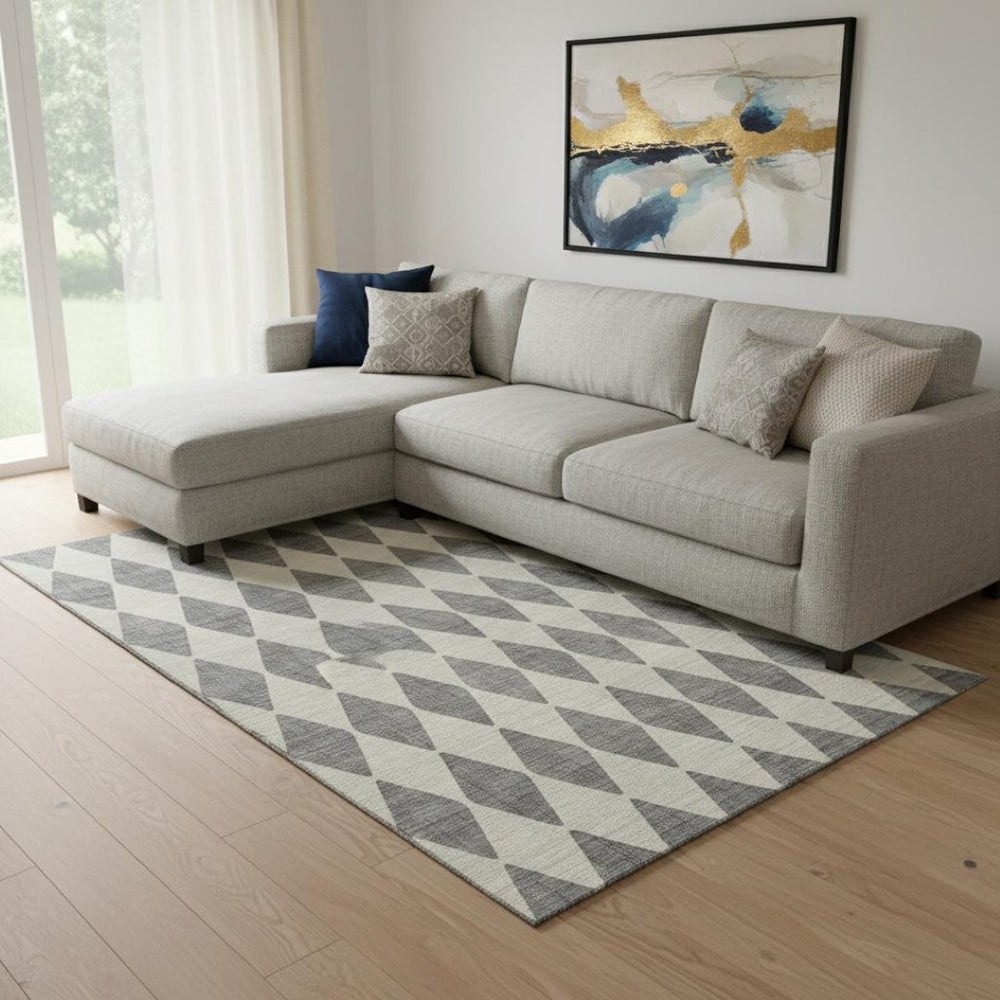 HomeRoots 8' X 10' Gray and Ivory Diamond Area Rug - Washable, UV Protected, Stylish & Durable for Homes 650060